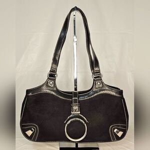 Women's Faux Suede Silver-Tone Hardware Handbag Black